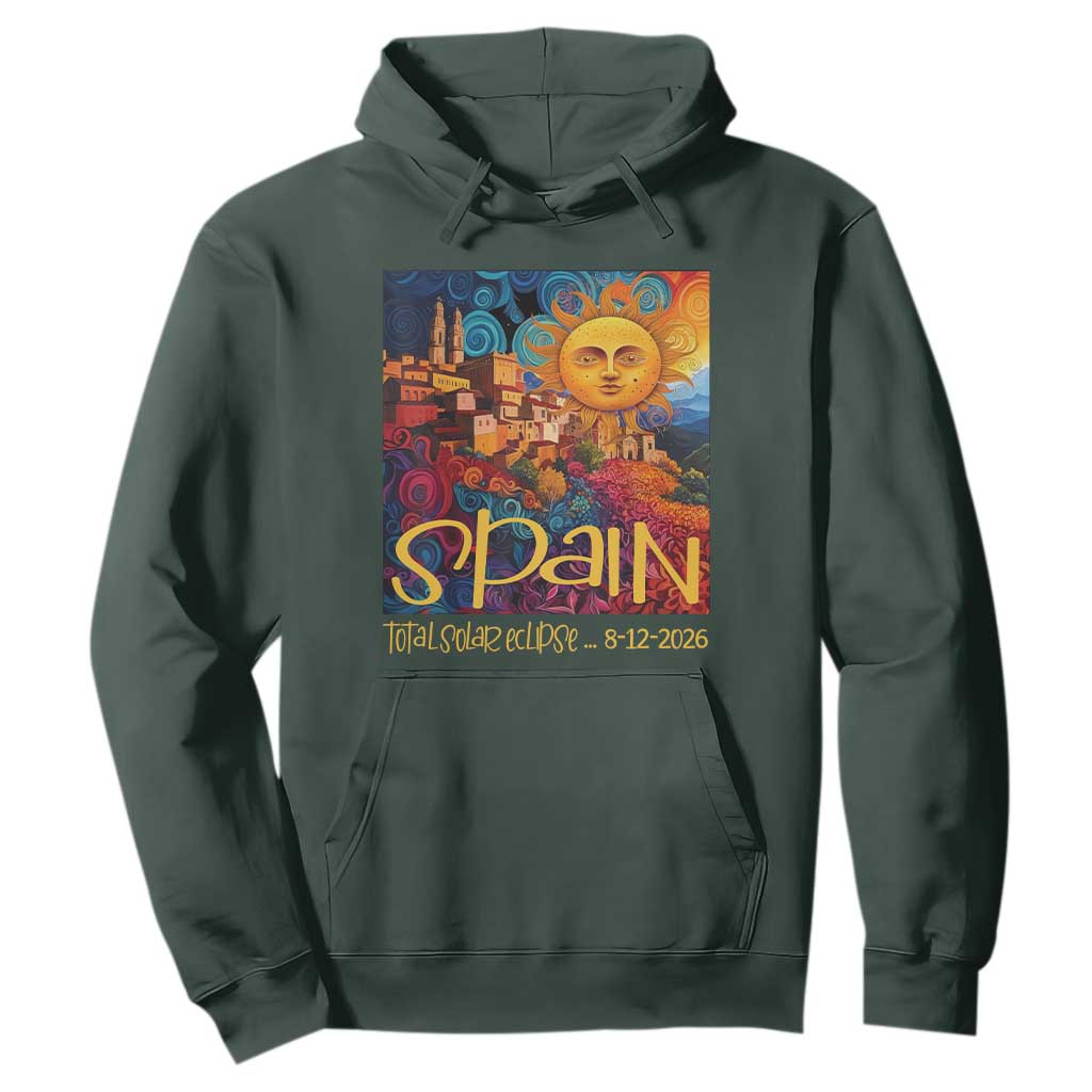 Spain 2026 Total Solar Eclipse Sun Face Graphic Hoodie Espana Totality Travel Memorabilia Astronomy Geek Gift TS02 Dark Forest Green Print Your Wear