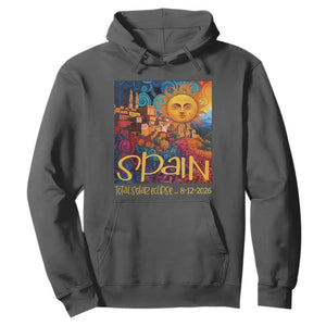 Spain 2026 Total Solar Eclipse Sun Face Graphic Hoodie Espana Totality Travel Memorabilia Astronomy Geek Gift TS02 Dark Heather Print Your Wear