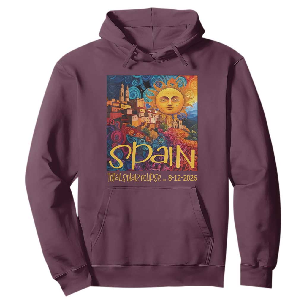 Spain 2026 Total Solar Eclipse Sun Face Graphic Hoodie Espana Totality Travel Memorabilia Astronomy Geek Gift TS02 Maroon Print Your Wear