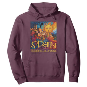 Spain 2026 Total Solar Eclipse Sun Face Graphic Hoodie Espana Totality Travel Memorabilia Astronomy Geek Gift TS02 Maroon Print Your Wear