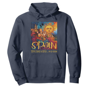Spain 2026 Total Solar Eclipse Sun Face Graphic Hoodie Espana Totality Travel Memorabilia Astronomy Geek Gift TS02 Navy Print Your Wear