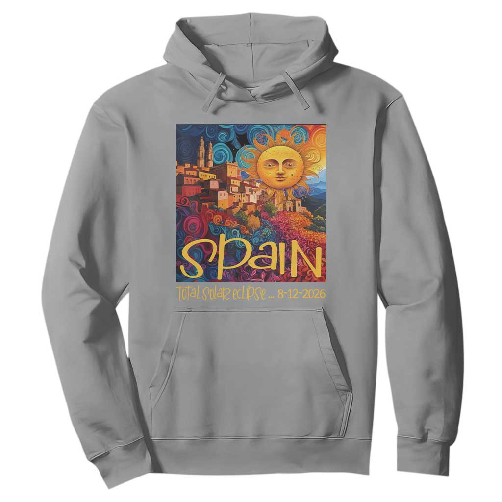 Spain 2026 Total Solar Eclipse Sun Face Graphic Hoodie Espana Totality Travel Memorabilia Astronomy Geek Gift TS02 Sport Gray Print Your Wear