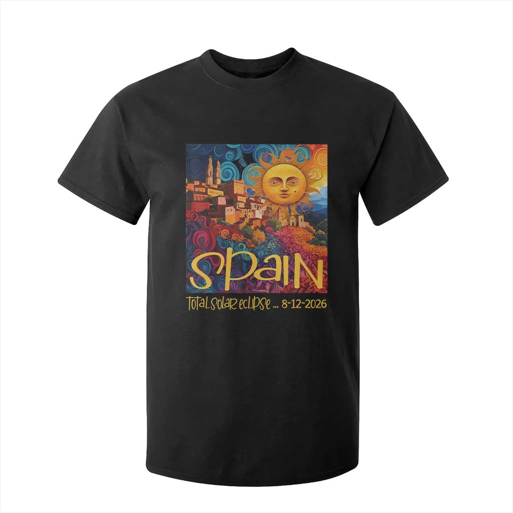 Spain 2026 Total Solar Eclipse Sun Face Graphic T Shirt For Kid Espana Totality Travel Memorabilia Astronomy Geek Gift TS02 Black Print Your Wear
