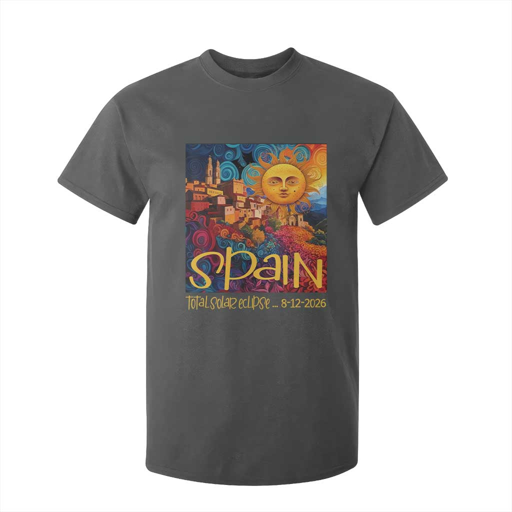 Spain 2026 Total Solar Eclipse Sun Face Graphic T Shirt For Kid Espana Totality Travel Memorabilia Astronomy Geek Gift TS02 Dark Heather Print Your Wear