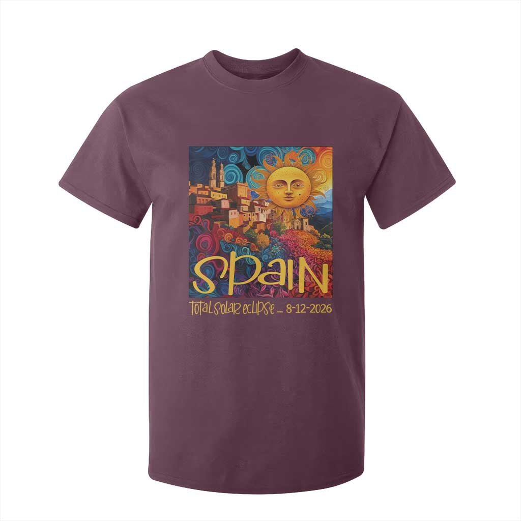 Spain 2026 Total Solar Eclipse Sun Face Graphic T Shirt For Kid Espana Totality Travel Memorabilia Astronomy Geek Gift TS02 Maroon Print Your Wear