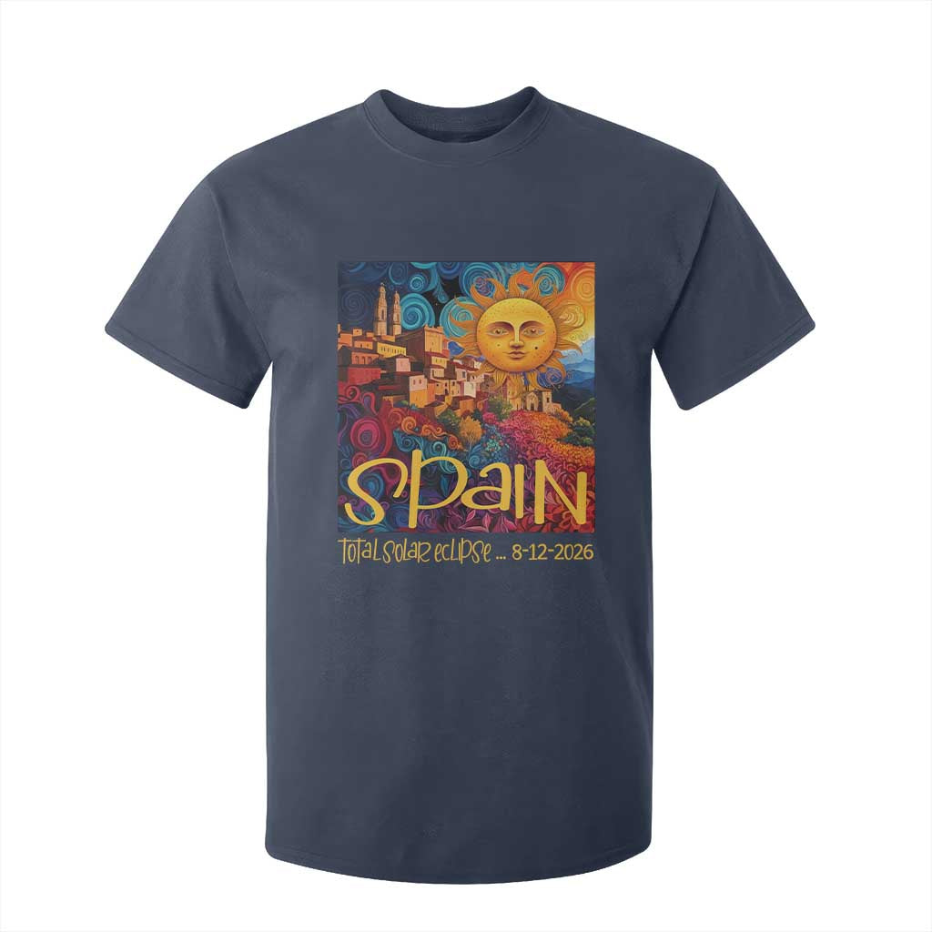 Spain 2026 Total Solar Eclipse Sun Face Graphic T Shirt For Kid Espana Totality Travel Memorabilia Astronomy Geek Gift TS02 Navy Print Your Wear