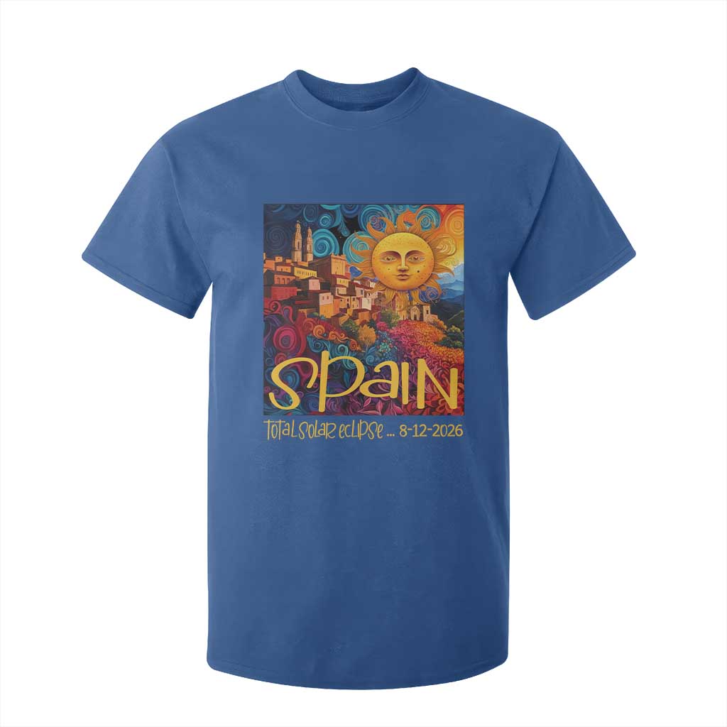 Spain 2026 Total Solar Eclipse Sun Face Graphic T Shirt For Kid Espana Totality Travel Memorabilia Astronomy Geek Gift TS02 Royal Blue Print Your Wear