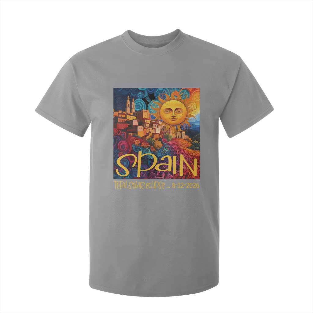 Spain 2026 Total Solar Eclipse Sun Face Graphic T Shirt For Kid Espana Totality Travel Memorabilia Astronomy Geek Gift TS02 Sport Gray Print Your Wear