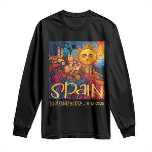Spain 2026 Total Solar Eclipse Sun Face Graphic Long Sleeve Shirt Espana Totality Travel Memorabilia Astronomy Geek Gift TS02 Black Print Your Wear