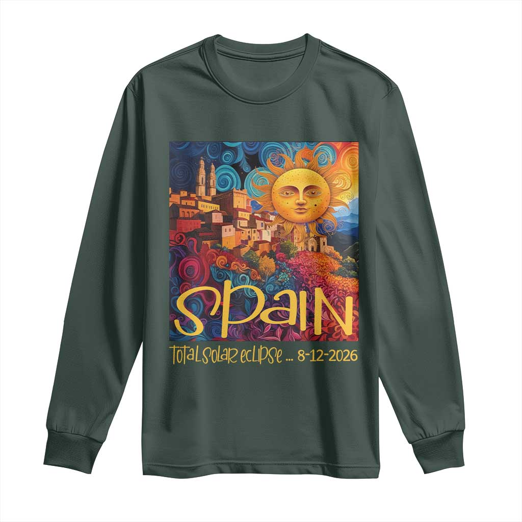 Spain 2026 Total Solar Eclipse Sun Face Graphic Long Sleeve Shirt Espana Totality Travel Memorabilia Astronomy Geek Gift TS02 Dark Forest Green Print Your Wear