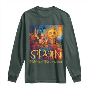Spain 2026 Total Solar Eclipse Sun Face Graphic Long Sleeve Shirt Espana Totality Travel Memorabilia Astronomy Geek Gift TS02 Dark Forest Green Print Your Wear
