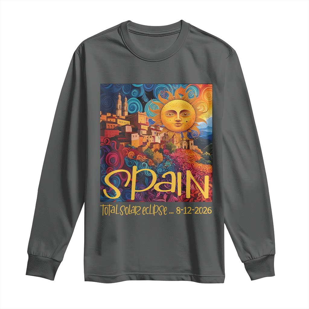 Spain 2026 Total Solar Eclipse Sun Face Graphic Long Sleeve Shirt Espana Totality Travel Memorabilia Astronomy Geek Gift TS02 Dark Heather Print Your Wear