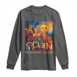 Spain 2026 Total Solar Eclipse Sun Face Graphic Long Sleeve Shirt Espana Totality Travel Memorabilia Astronomy Geek Gift TS02 Dark Heather Print Your Wear