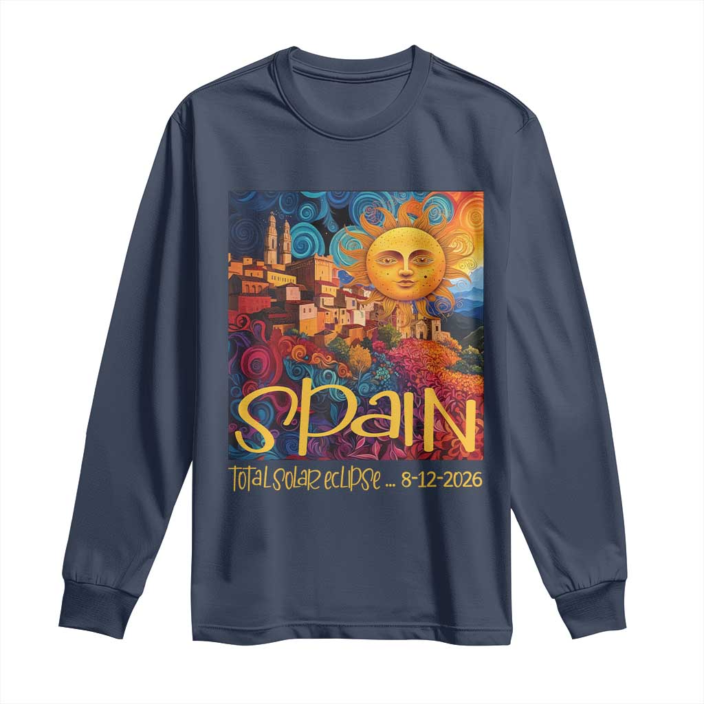 Spain 2026 Total Solar Eclipse Sun Face Graphic Long Sleeve Shirt Espana Totality Travel Memorabilia Astronomy Geek Gift TS02 Navy Print Your Wear
