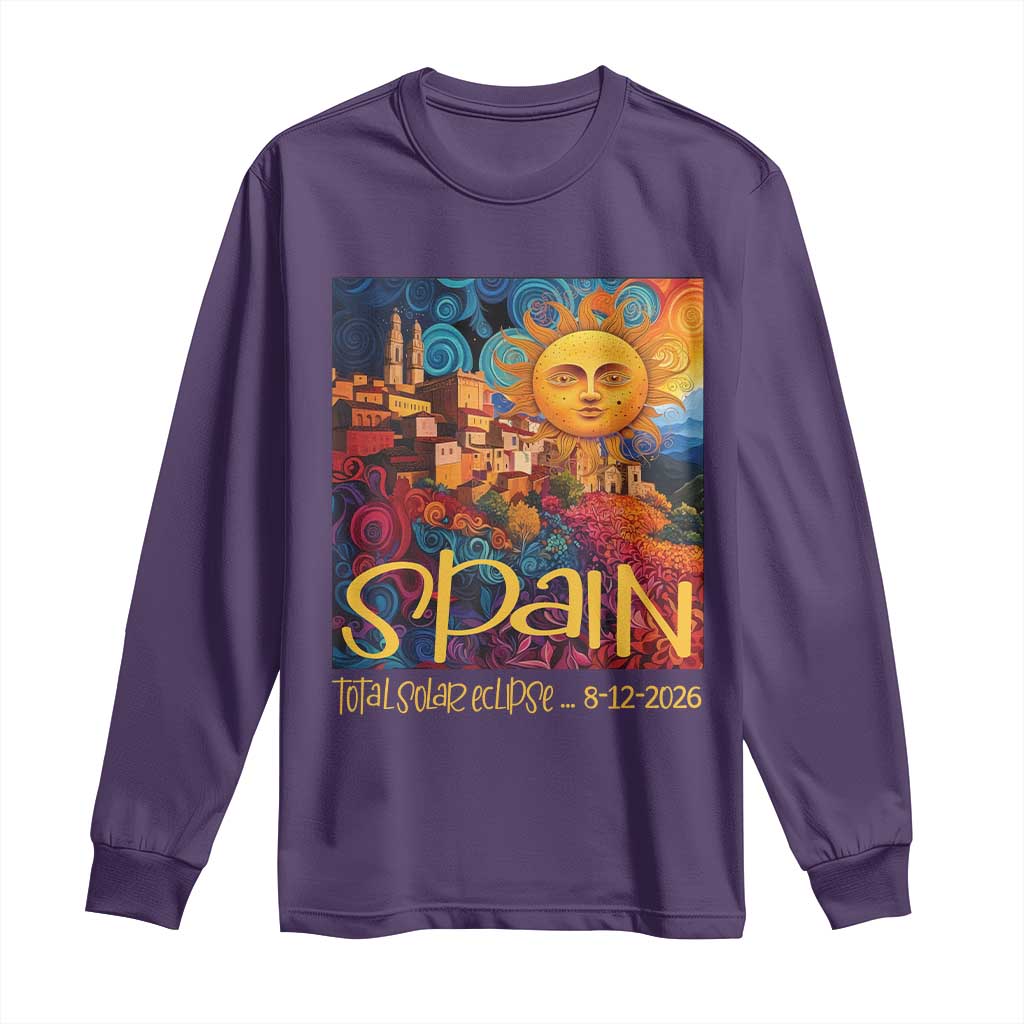 Spain 2026 Total Solar Eclipse Sun Face Graphic Long Sleeve Shirt Espana Totality Travel Memorabilia Astronomy Geek Gift TS02 Purple Print Your Wear