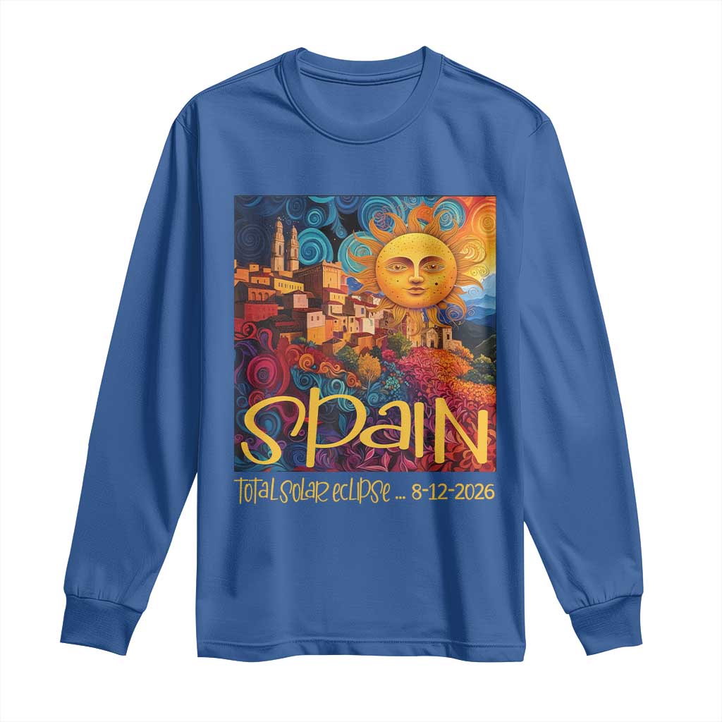 Spain 2026 Total Solar Eclipse Sun Face Graphic Long Sleeve Shirt Espana Totality Travel Memorabilia Astronomy Geek Gift TS02 Royal Blue Print Your Wear
