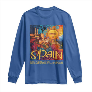 Spain 2026 Total Solar Eclipse Sun Face Graphic Long Sleeve Shirt Espana Totality Travel Memorabilia Astronomy Geek Gift TS02 Royal Blue Print Your Wear