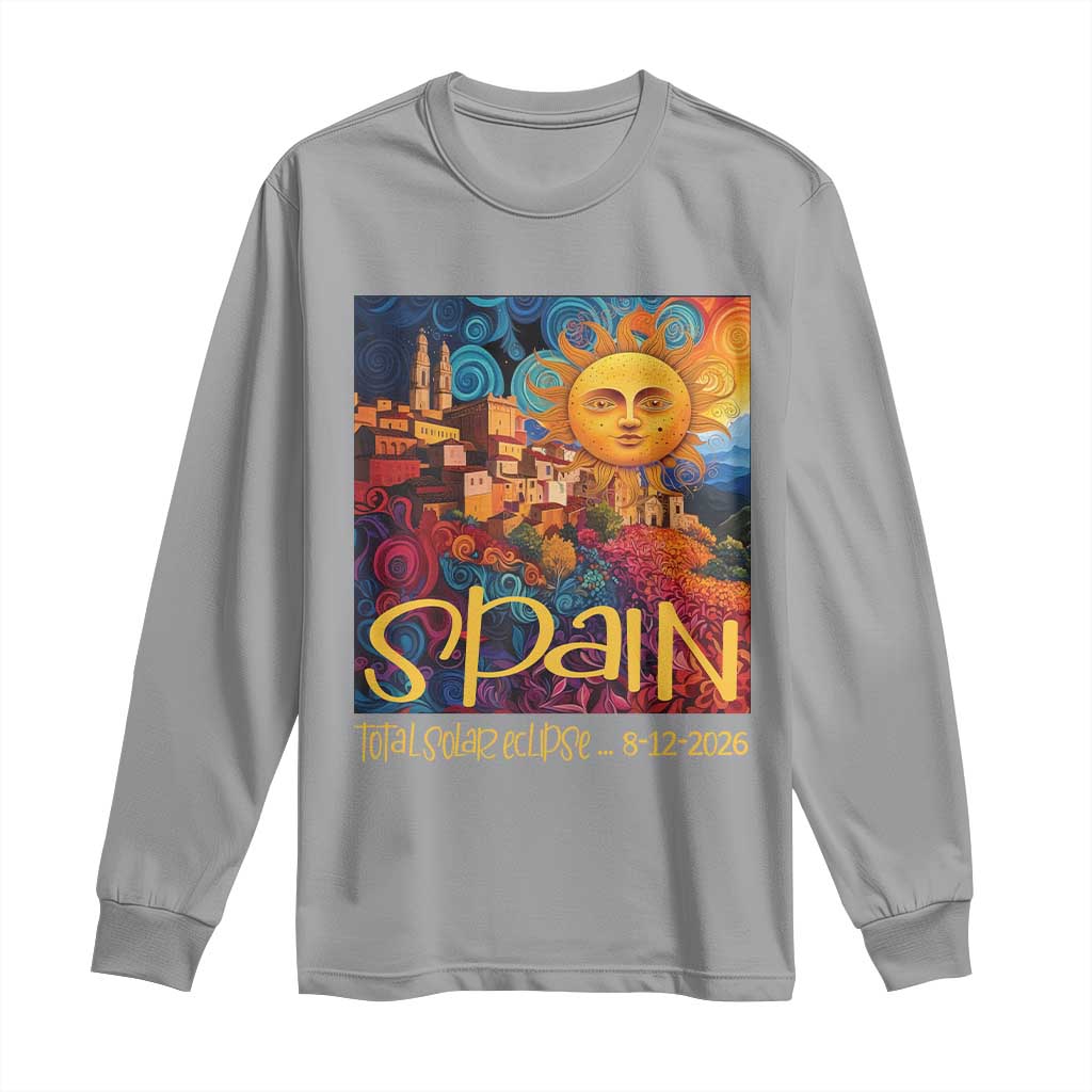 Spain 2026 Total Solar Eclipse Sun Face Graphic Long Sleeve Shirt Espana Totality Travel Memorabilia Astronomy Geek Gift TS02 Sport Gray Print Your Wear