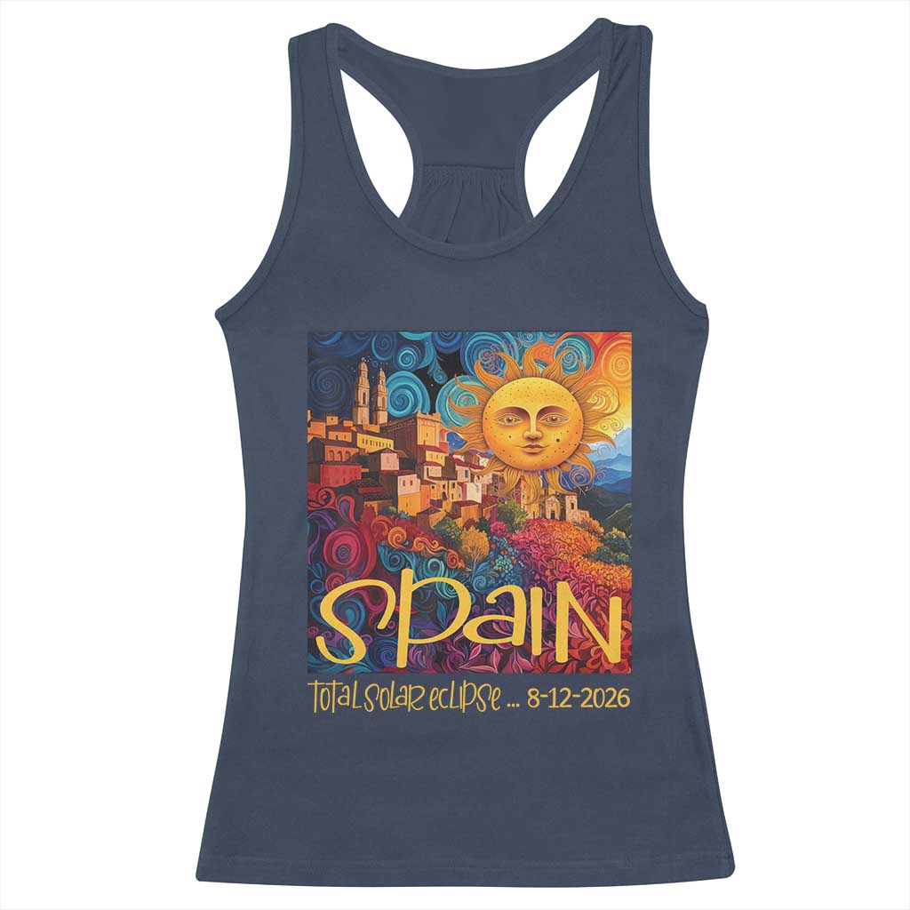 Spain 2026 Total Solar Eclipse Sun Face Graphic Racerback Tank Top Espana Totality Travel Memorabilia Astronomy Geek Gift TS02 Navy Print Your Wear