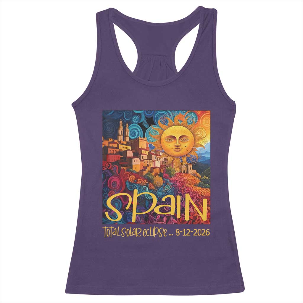 Spain 2026 Total Solar Eclipse Sun Face Graphic Racerback Tank Top Espana Totality Travel Memorabilia Astronomy Geek Gift TS02 Purple Print Your Wear