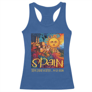 Spain 2026 Total Solar Eclipse Sun Face Graphic Racerback Tank Top Espana Totality Travel Memorabilia Astronomy Geek Gift TS02 Royal Blue Print Your Wear