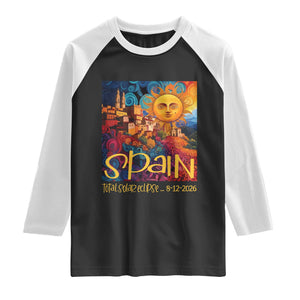 Spain 2026 Total Solar Eclipse Sun Face Graphic Raglan Shirt Espana Totality Travel Memorabilia Astronomy Geek Gift TS02 Black White Print Your Wear