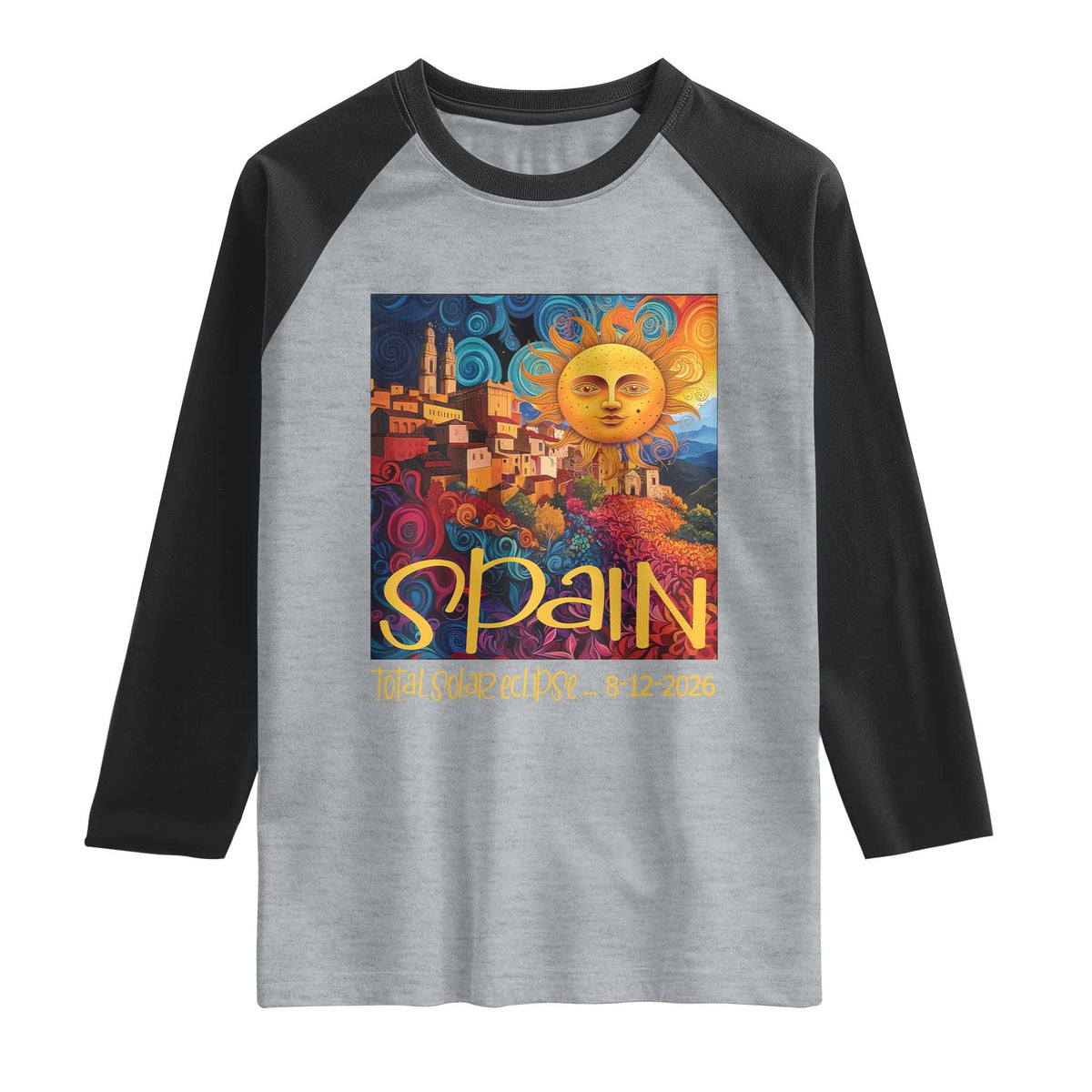 Spain 2026 Total Solar Eclipse Sun Face Graphic Raglan Shirt Espana Totality Travel Memorabilia Astronomy Geek Gift TS02 Heather Gray Black Print Your Wear