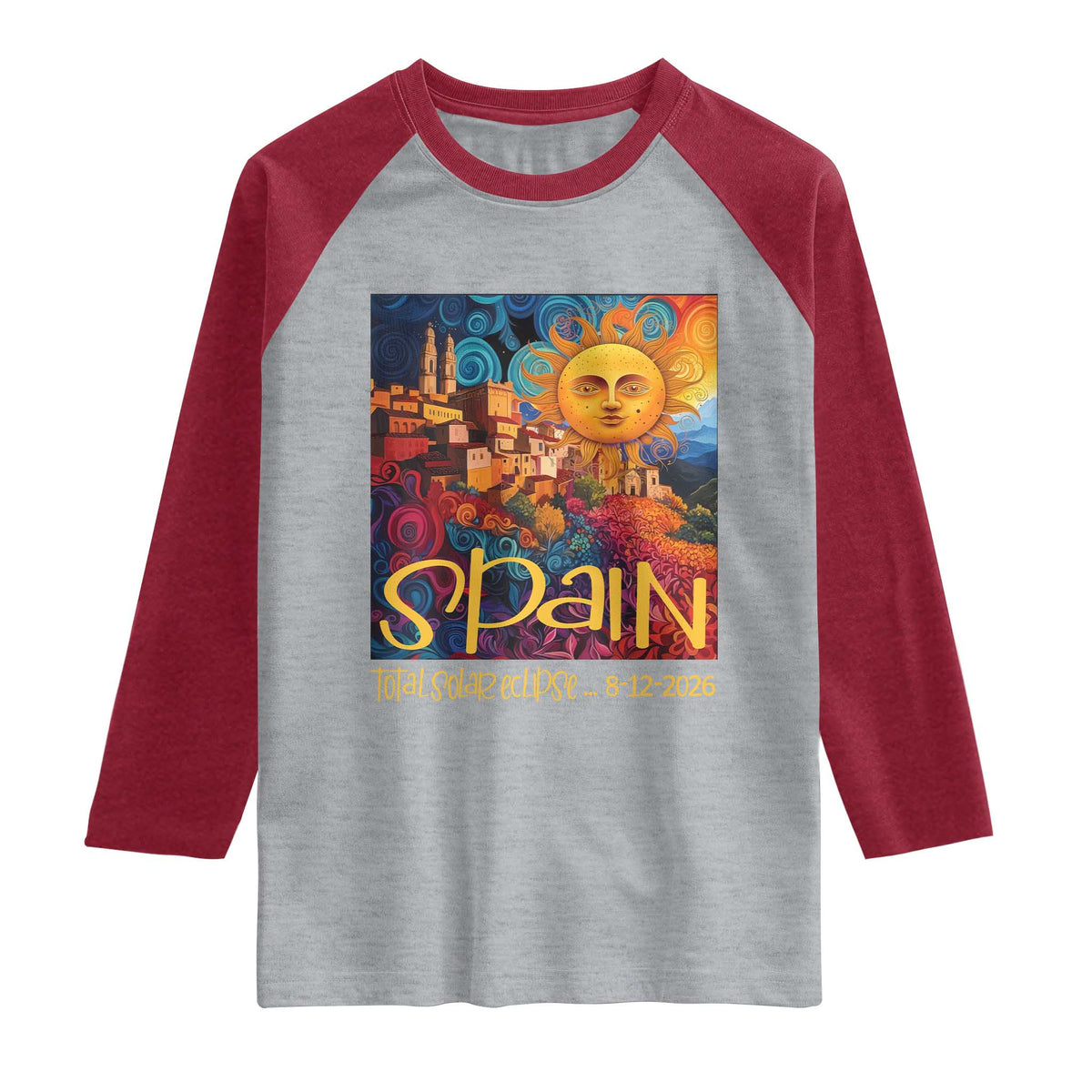 Spain 2026 Total Solar Eclipse Sun Face Graphic Raglan Shirt Espana Totality Travel Memorabilia Astronomy Geek Gift TS02 Heather Gray Heather Red Print Your Wear