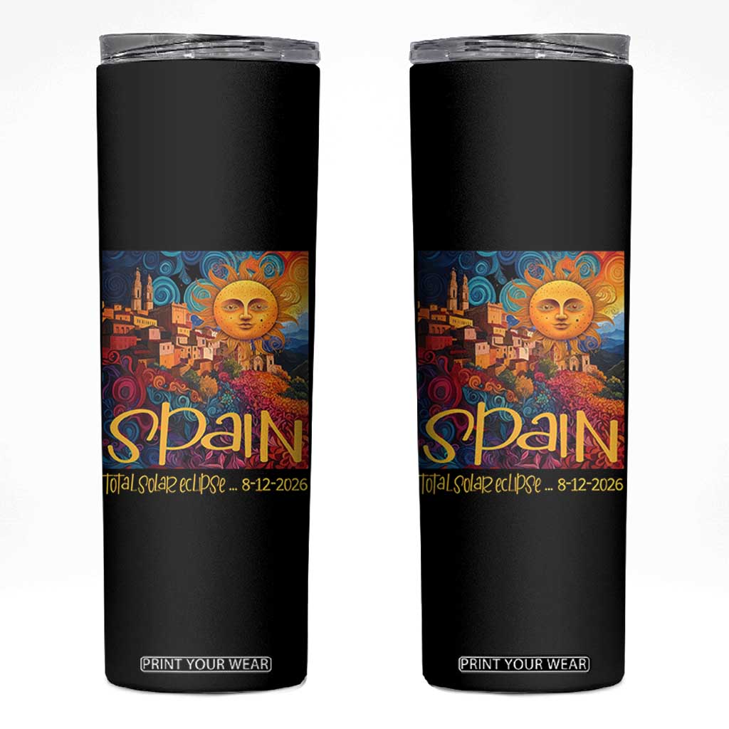 Spain 2026 Total Solar Eclipse Sun Face Graphic Skinny Tumbler Espana Totality Travel Memorabilia Astronomy Geek Gift TS02 Black Print Your Wear