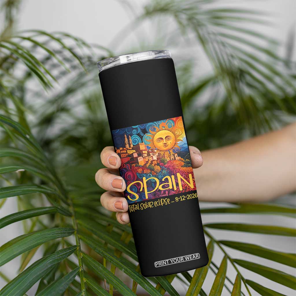 Spain 2026 Total Solar Eclipse Sun Face Graphic Skinny Tumbler Espana Totality Travel Memorabilia Astronomy Geek Gift TS02 Print Your Wear
