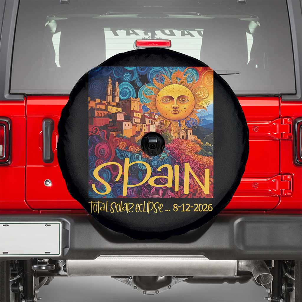 Spain 2026 Total Solar Eclipse Sun Face Graphic Spare Tire Cover Espana Totality Travel Memorabilia Astronomy Geek Gift TS02 Black Print Your Wear