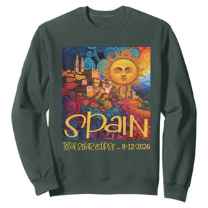 Spain 2026 Total Solar Eclipse Sun Face Graphic Sweatshirt Espana Totality Travel Memorabilia Astronomy Geek Gift TS02 Dark Forest Green Print Your Wear