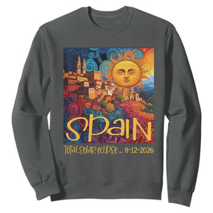 Spain 2026 Total Solar Eclipse Sun Face Graphic Sweatshirt Espana Totality Travel Memorabilia Astronomy Geek Gift TS02 Dark Heather Print Your Wear