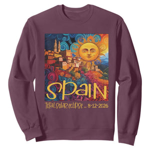 Spain 2026 Total Solar Eclipse Sun Face Graphic Sweatshirt Espana Totality Travel Memorabilia Astronomy Geek Gift TS02 Maroon Print Your Wear