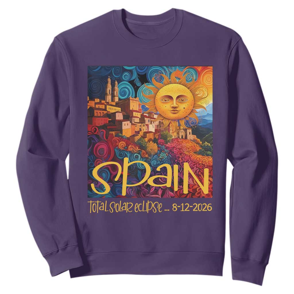 Spain 2026 Total Solar Eclipse Sun Face Graphic Sweatshirt Espana Totality Travel Memorabilia Astronomy Geek Gift TS02 Purple Print Your Wear