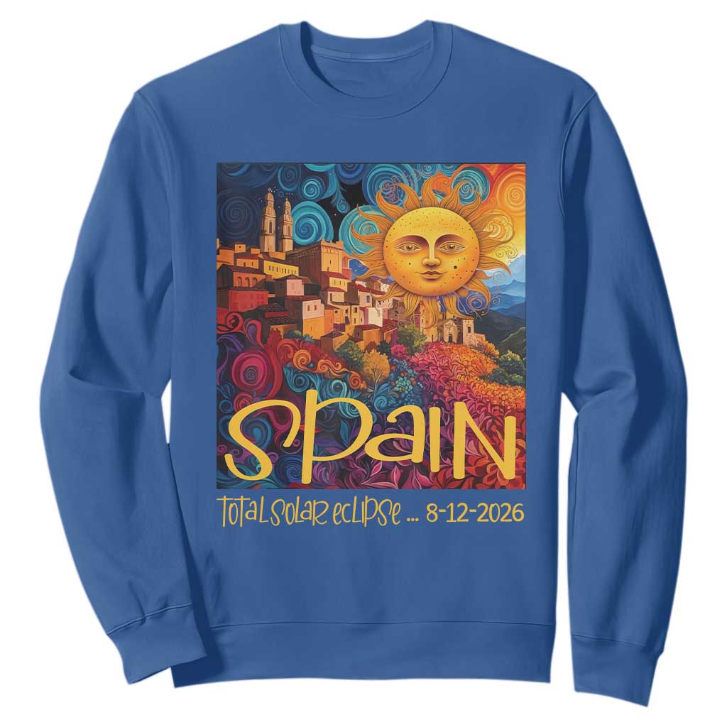 Spain 2026 Total Solar Eclipse Sun Face Graphic Sweatshirt Espana Totality Travel Memorabilia Astronomy Geek Gift TS02 Royal Blue Print Your Wear
