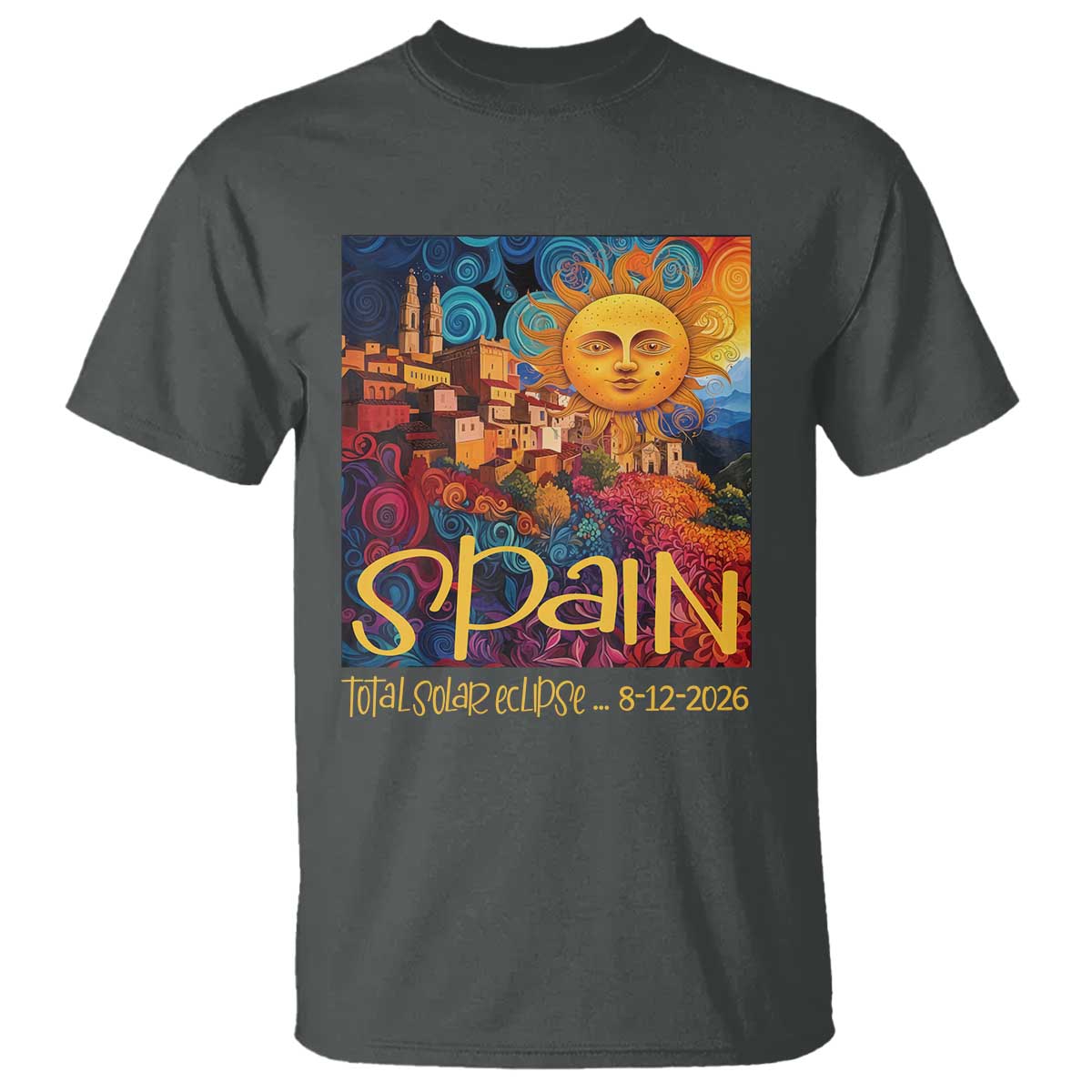 Spain 2026 Total Solar Eclipse Sun Face Graphic T Shirt Espana Totality Travel Memorabilia Astronomy Geek Gift TS02 Dark Heather Print Your Wear