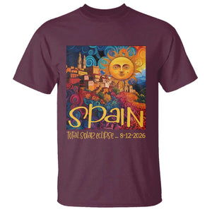 Spain 2026 Total Solar Eclipse Sun Face Graphic T Shirt Espana Totality Travel Memorabilia Astronomy Geek Gift TS02 Maroon Print Your Wear