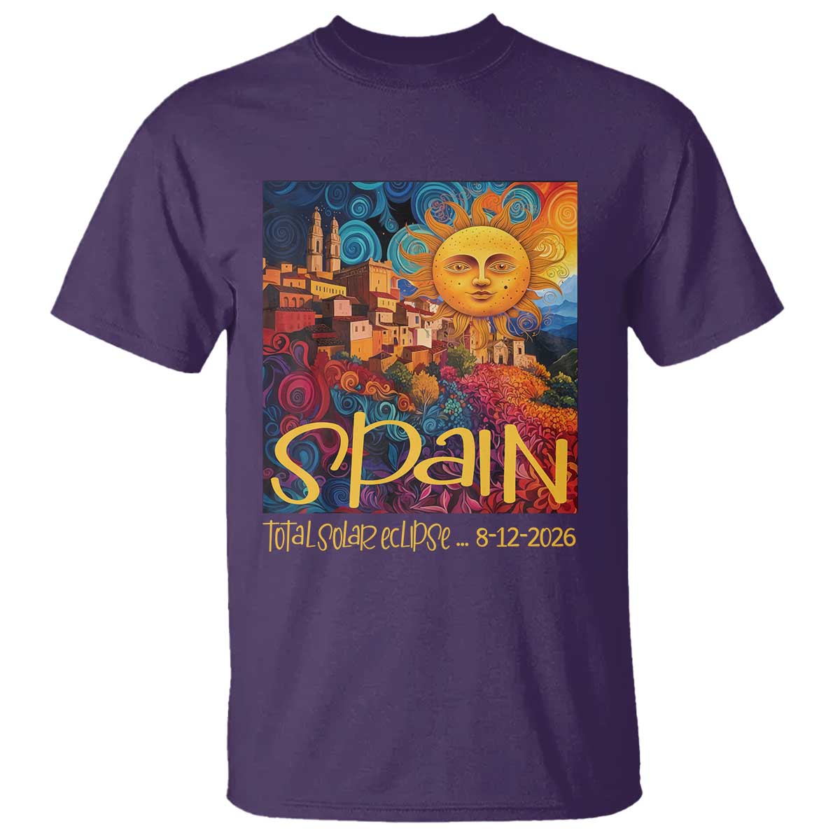 Spain 2026 Total Solar Eclipse Sun Face Graphic T Shirt Espana Totality Travel Memorabilia Astronomy Geek Gift TS02 Purple Print Your Wear