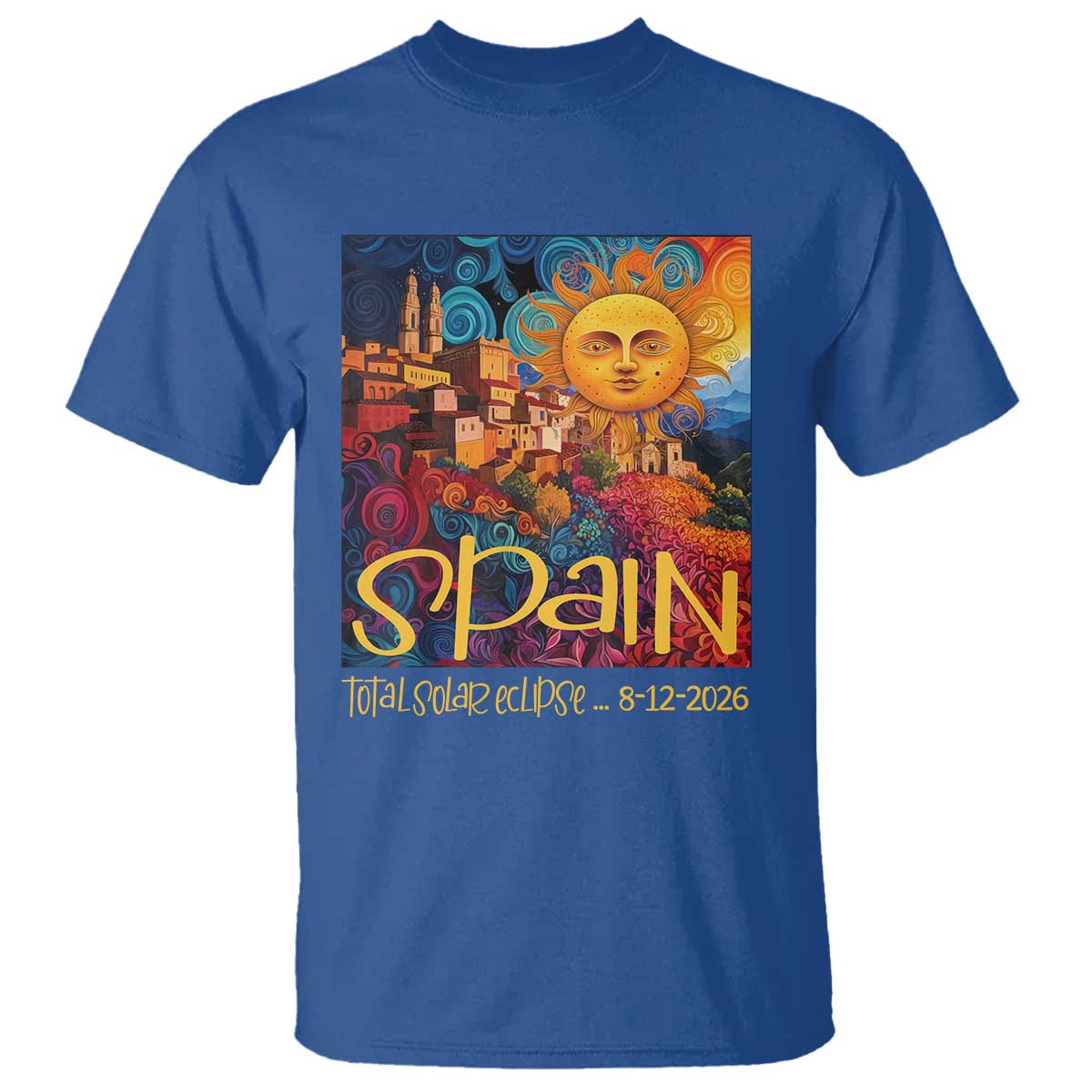 Spain 2026 Total Solar Eclipse Sun Face Graphic T Shirt Espana Totality Travel Memorabilia Astronomy Geek Gift TS02 Royal Blue Print Your Wear