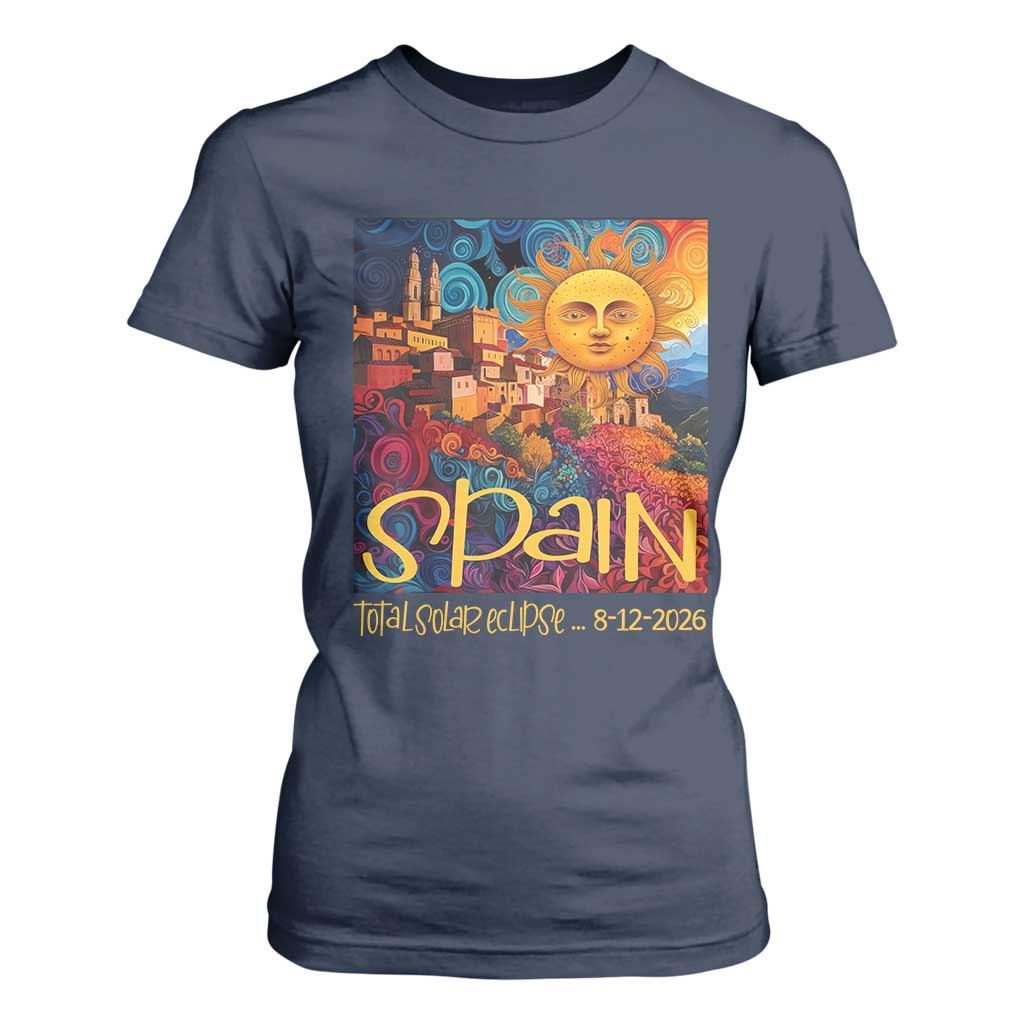 Spain 2026 Total Solar Eclipse Sun Face Graphic T Shirt For Women Espana Totality Travel Memorabilia Astronomy Geek Gift TS02 Navy Print Your Wear