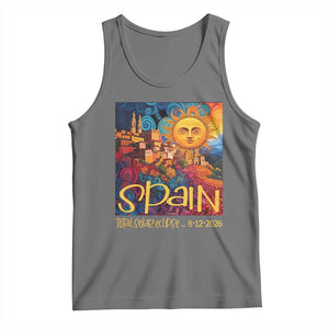 Spain 2026 Total Solar Eclipse Sun Face Graphic Tank Top Espana Totality Travel Memorabilia Astronomy Geek Gift TS02 Black Heather Print Your Wear
