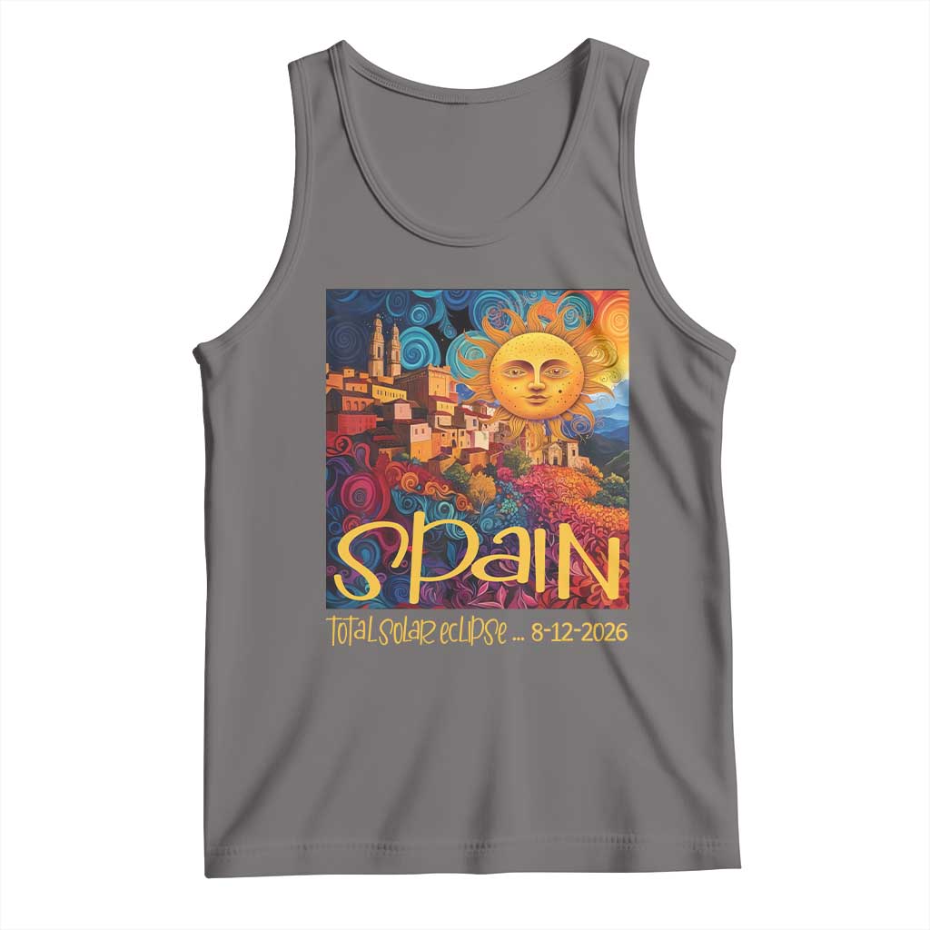 Spain 2026 Total Solar Eclipse Sun Face Graphic Tank Top Espana Totality Travel Memorabilia Astronomy Geek Gift TS02 Deep Heather Print Your Wear