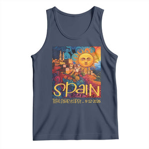 Spain 2026 Total Solar Eclipse Sun Face Graphic Tank Top Espana Totality Travel Memorabilia Astronomy Geek Gift TS02 Navy Print Your Wear