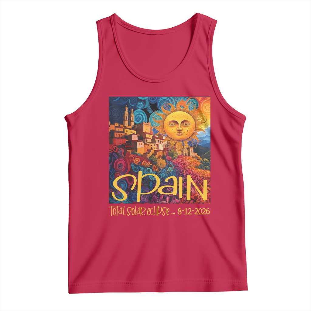 Spain 2026 Total Solar Eclipse Sun Face Graphic Tank Top Espana Totality Travel Memorabilia Astronomy Geek Gift TS02 Red Print Your Wear