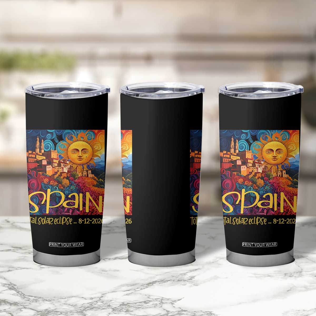 Spain 2026 Total Solar Eclipse Sun Face Graphic Tumbler Cup Espana Totality Travel Memorabilia Astronomy Geek Gift TS02 Print Your Wear