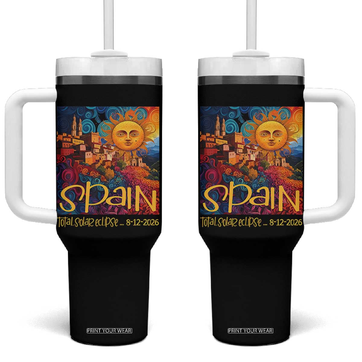 Spain 2026 Total Solar Eclipse Sun Face Graphic Tumbler With Handle Espana Totality Travel Memorabilia Astronomy Geek Gift TS02 One Size: 40 oz Black Print Your Wear