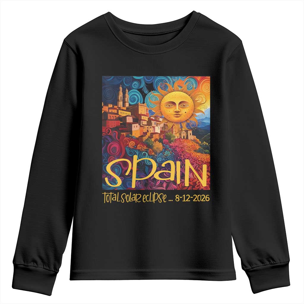 Spain 2026 Total Solar Eclipse Sun Face Graphic Youth Sweatshirt Espana Totality Travel Memorabilia Astronomy Geek Gift TS02 Black Print Your Wear