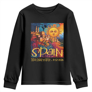 Spain 2026 Total Solar Eclipse Sun Face Graphic Youth Sweatshirt Espana Totality Travel Memorabilia Astronomy Geek Gift TS02 Black Print Your Wear
