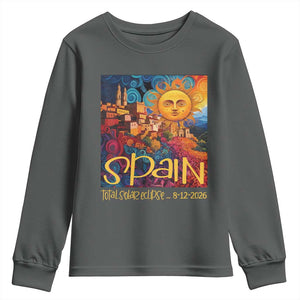 Spain 2026 Total Solar Eclipse Sun Face Graphic Youth Sweatshirt Espana Totality Travel Memorabilia Astronomy Geek Gift TS02 Dark Heather Print Your Wear